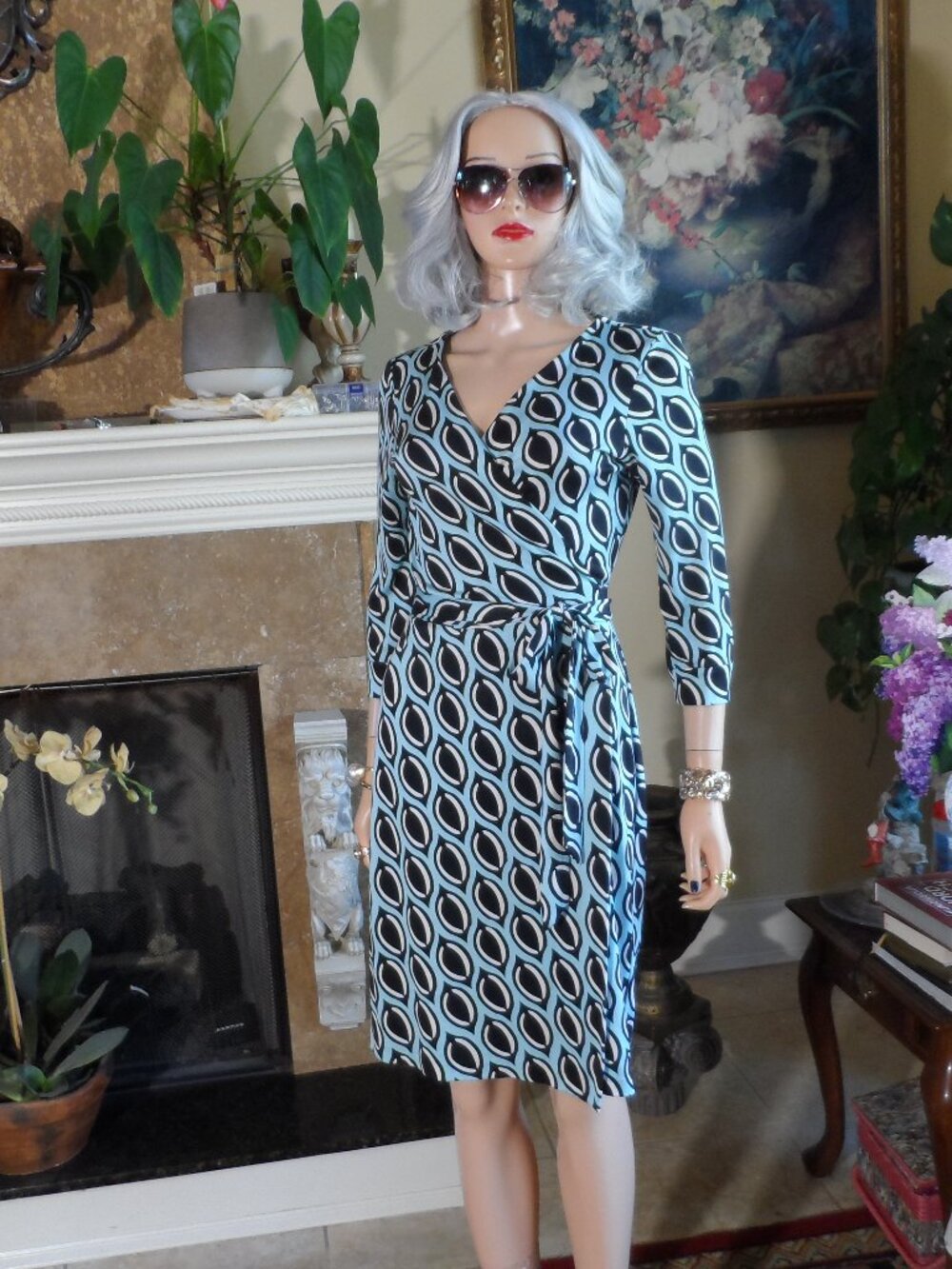 Diane von Furstenberg Blue & Black Silk Wrap Dress Size 8